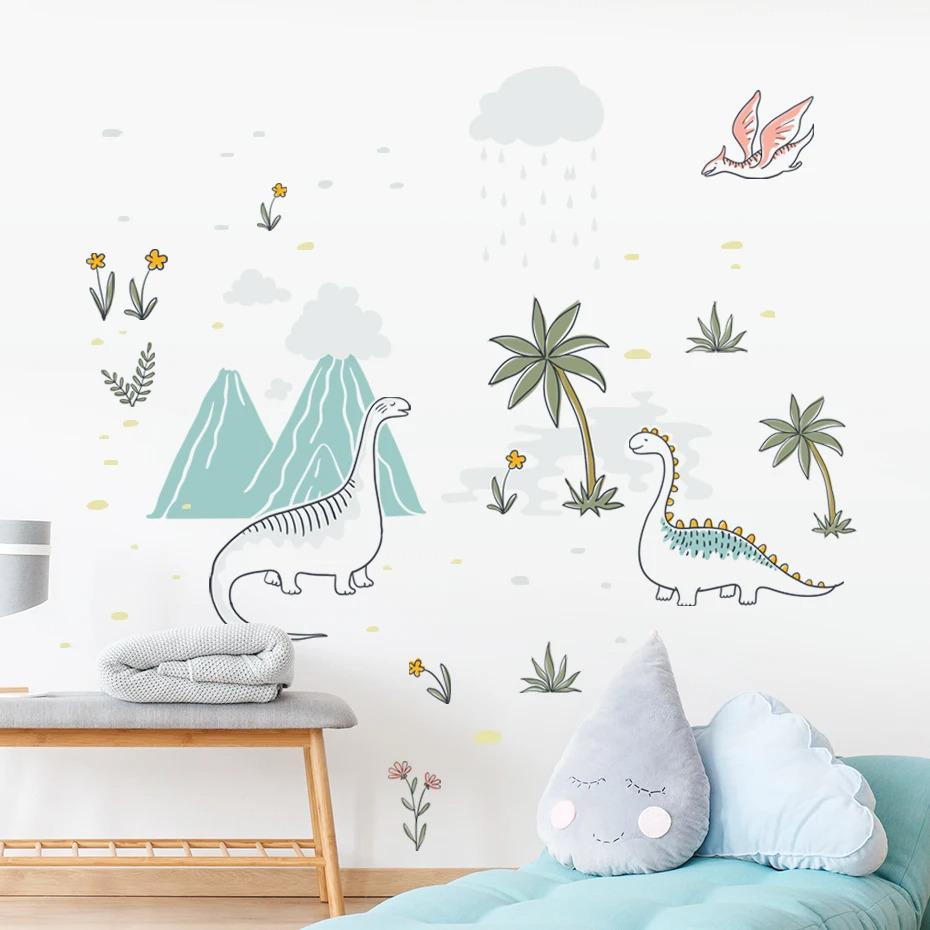 Sticker mural dinosaure pour chambre d'enfant : décoration murale en PVC Dino, nuages, arbres