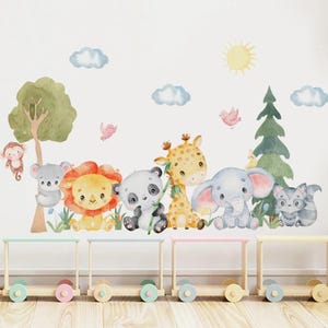 Pegatinas de pared de vinilo con dibujos de animales, elefantes y león, con acuarela, para habitación de bebé, decoración del hogar