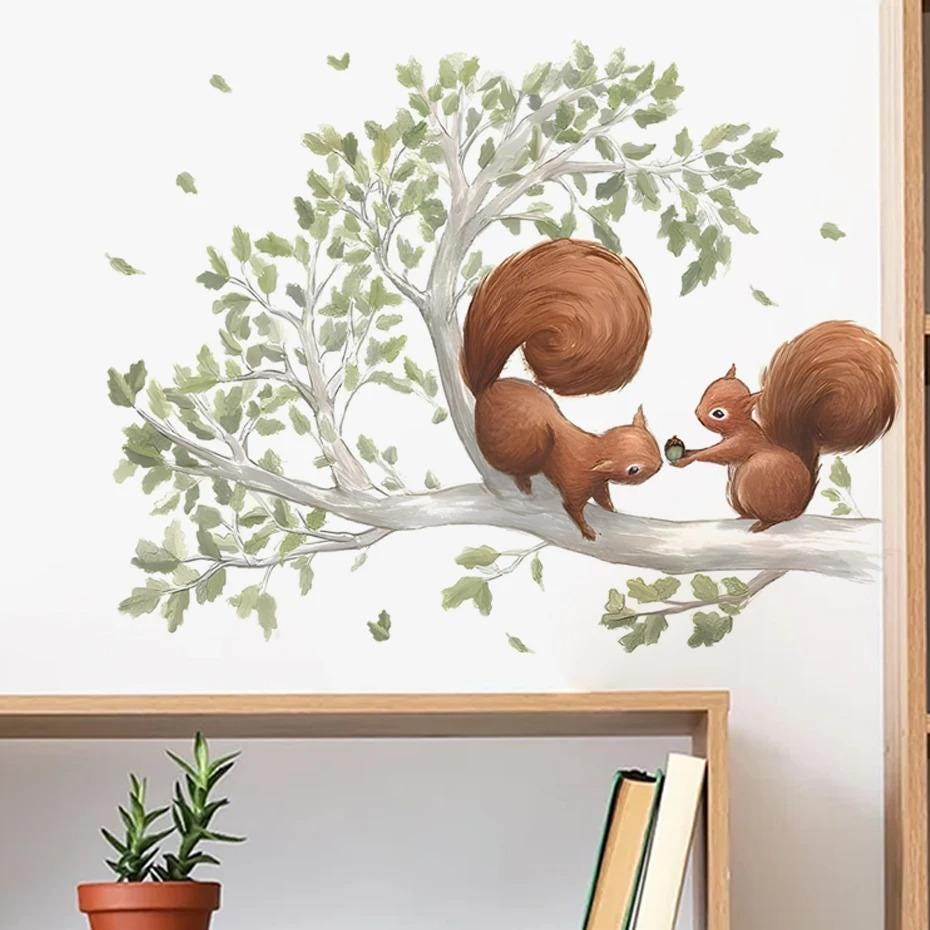 Cute Squirrel Wall Sticker Decal – Peel & Stick, 9.45x11.42", For Kids Room, Kitchen, Cafe