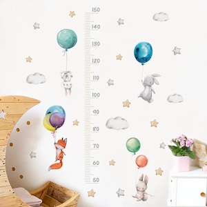 Wachstums-Chart Lineal Kaninchen Fuchs Ballon Sterne Wandaufkleber Vinyl DIY Wandtattoos Kinder Kinderzimmer Interior Wohndekor