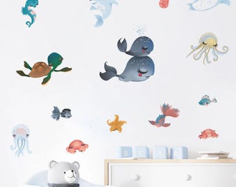 Muurstickers cartoon zeedieren, kinderkamerdecoratie