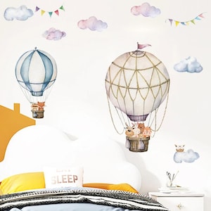 Cartoon Hot Air Balloon Woodland Animals Nursery Wall Art Sticker Wallpaper Removable Posters Kid Bedroom Home Decoration.