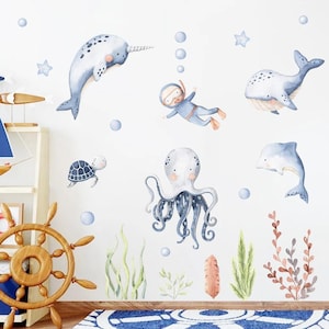 Pegatinas de pared con dibujos de animales del océano, acuarela, para guardería, decoración de interiores y hogar