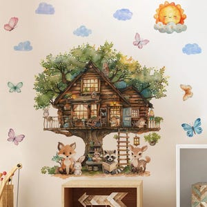 Animals reading in the fairytale tree house Wall Sticker Vinyl Baby Nursery Art Decals for Kids Room Home Decor
