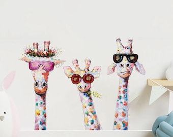 Cool Giraffe Family Colorful Nursery Wall Stickers DIY Peel and Stick Wall Decals Kids Room Interior Home Decoration.