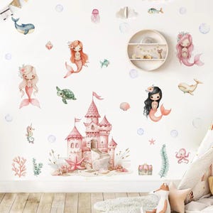 Cartoon Mermaid Pink Castle Sea Animals Wall Sticker Child Room Girls Room Decal Kids Baby Room Bathroom Home Decoration Gift