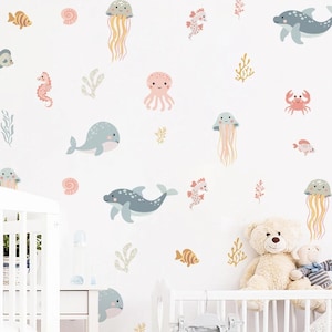 Pegatinas de pared con dibujos de acuarela de peces oceánicos, animales, para sala de estar, dormitorio, vida marina, playa, paisaje, decoración del hogar