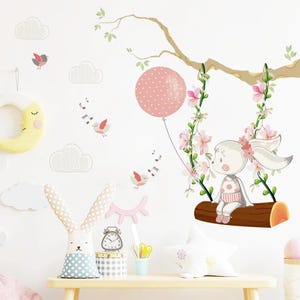 Pegatinas de pared con dibujos de conejos balanceándose de color rosa, vinilo de acuarela para guardería, decoración de habitación de niñas, calcomanías de pared, mural para decoración de habitación de niños