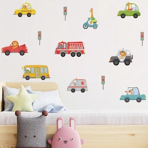 Naklejki ścienne Cartoon City Animal Cars do pokoju dziecięcego Ekologiczne naklejki do przedszkola