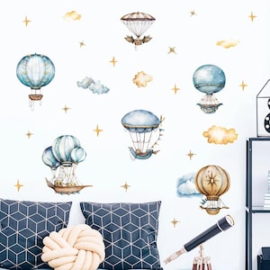 Hot Air Balloon Clouds Pastel Blue Watercolor Wall Stickers Nursery Removable Vinyl Wall Decals Kids Room Home Decor