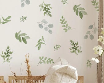 Watercolor Green Leaf Wall Decals – Removable Vinyl Nursery Decor