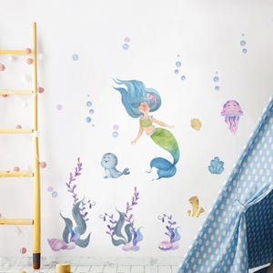 Pegatinas de pared con dibujos de sirenas, algas marinas, acuarelas, para habitación de niños, niñas, dormitorio, decoración de pared