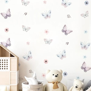 Pegatinas de pared con diseño de mariposas y flores de acuarela para habitación de niños, dormitorio de niñas, habitación de niños, sala de estar, decoración de pared