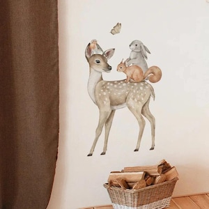 Pegatinas de pared para habitación de niños, dormitorio de niñas, decoración del hogar, animales de dibujos animados de acuarela, ciervo sika, zorro, conejo