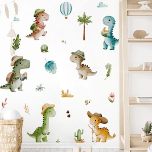 Cartoon Hat Dinosaur Adventure Watercolor Wall Sticker Vinyl Child Nursery Baby Kindergarten Art Decal Kids Room Home Decor