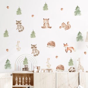 Può includere: Decalcomanie da parete ad acquerello con animali del bosco e alberi. Il set include un procione, un orso, uno scoiattolo, un coniglio, una volpe e un riccio. Le decalcomanie sono in colori tenui e includono ghiande e alberi sempreverdi.