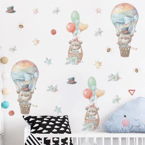 Cartoon Cute Bear Fly Hot Air Balloon Wall Stickers for Kids Room Baby Nursery Room Wall Decals Stars Home Decor