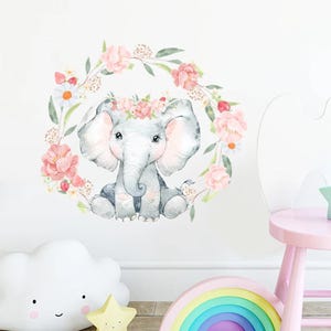 Pegatinas de pared con guirnalda de flores y elefantes de dibujos animados, calcomanías de acuarela para pared, calcomanías decorativas para guardería de bebé, PVC