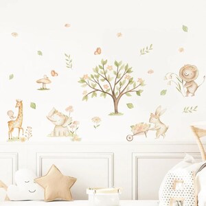 Pegatinas de pared con diseño de animales del bosque, hojas y árboles, vinilo de acuarela para guardería infantil, decoración del hogar para habitación infantil.