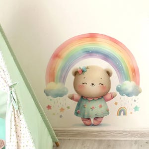Pegatinas de pared con diseño de oso de dibujos animados de acuarela, arcoíris y nubes, arte de pared, decoración, habitación de bebé, guardería, habitación de niños, pegatinas decorativas
