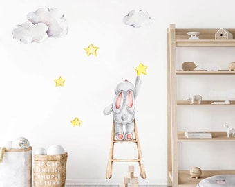 Watercolor Bunny Wall Decals - Stars and Clouds Nursery Decor