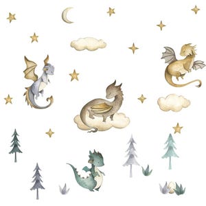 Pegatinas de pared con dibujos de dinosaurios, dragones y nubes en acuarela para decoración de habitación de bebé, guardería, habitación de niños, PVC