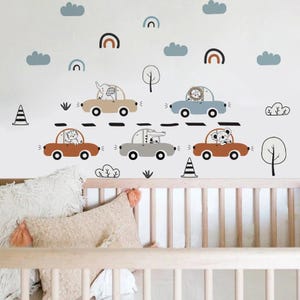 Pegatinas de pared con dibujos de animales conduciendo un coche, acuarela, para habitación de niños, decoración del hogar