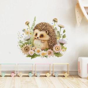 Cute Watercolor Hedgehog Rabbit Animal Flowers Wall Sticker Kids Room Background Home Decoration Mural Decal