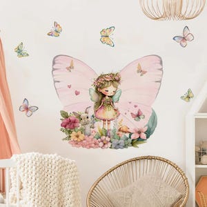 Pegatinas de pared con diseño de hada, mariposa, conejo y flores, con dibujos de acuarela, para decoración de dormitorio de niña y bebé