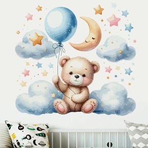 Watercolor Cartoon Teddy Bear Cloud Stars Balloon Wall Stickers for Kids Room Baby Room Decoration Wall Decals Room