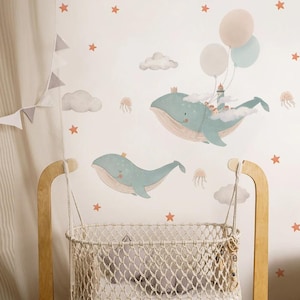 Pegatinas de pared con forma de globo y ballena de dibujos animados para habitaciones de niños, decoración de pared de guardería, vinilo de acuarela, decoración del hogar, calcomanías de pared, murales