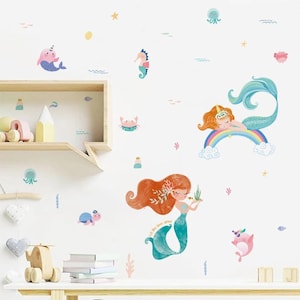 Adesivi murali con sirene, vita marina e arcobaleno, per camerette dei bambini, decorazioni per la camera da letto delle ragazze, carta da parati.