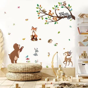 Pegatina de pared con diseño de mariposa, rama de animal del bosque, acuarela, para habitación infantil, dormitorio infantil, decoración del hogar