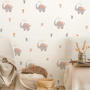 Pegatinas de pared con dibujos de elefantes y flores para habitación de niños, decoración de habitación de niñas y niños, papel tapiz, calcomanías para guardería