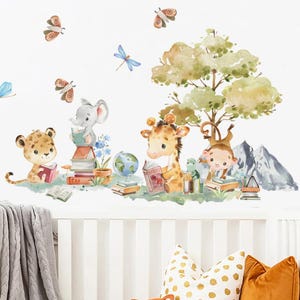 Pegatinas de pared con dibujos de acuarela de animales de estudio, bonitos elefantes, jirafas, para habitación de niños, calcomanías decorativas para pared