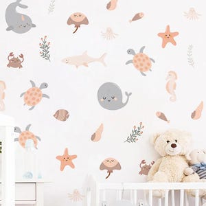 Cartoon Hand-paint Marine Animal Wall Stickers for Kids Room Decor Baby Nursery Living Room Decoration Ocean Wall Decals Bedroom