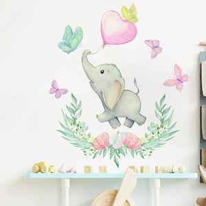 Pegatinas de pared con diseño de elefante y guirnalda de acuarela, diseño floral, para habitación de niños, niñas, guardería, dormitorio, decoración del hogar