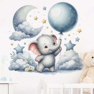 Pegatinas de pared con dibujos de elefantes y luna de color azul para habitación de bebé, decoración de pared con acuarela, decoración para habitación de niños, dormitorio y sala de estar