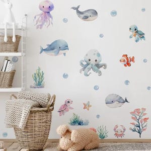Adesivi murali in stile acquerello con animali marini per la camera dei bambini, adesivi murali per la camera dei bambini, carta da parati decorativa subacquea