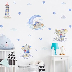 Pegatinas de pared con dibujos de elefantes azules y anclas para habitación de niños, guardería, acuarela, para habitación de niña, PVC