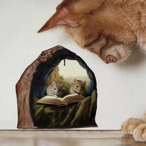 Cute Mouse Hole Wall Sticker, Mouse Reading Book in Wall Hole decal, Mouse Hole Sticker, Mouse Reading Decor