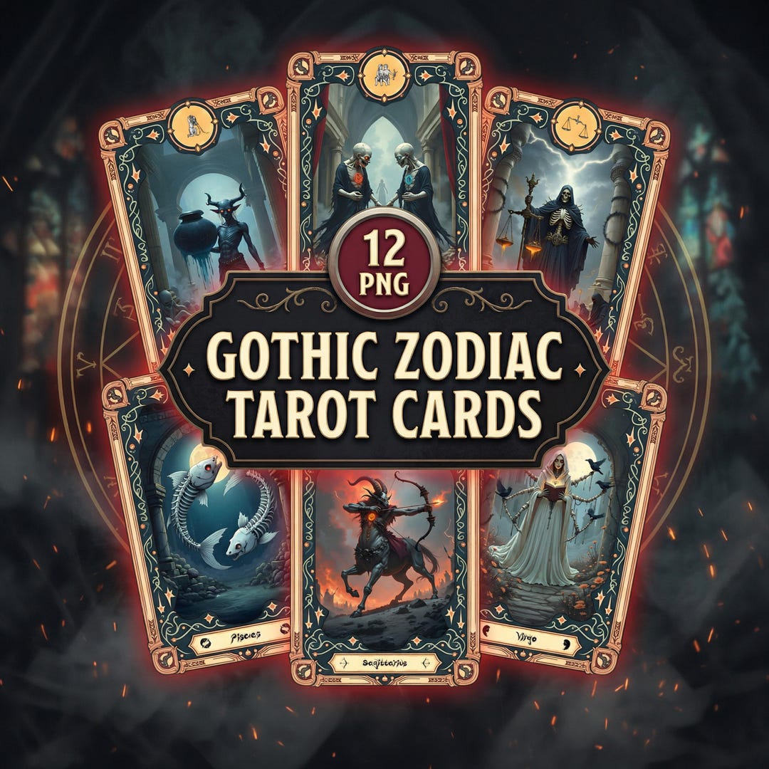 Printable Gothic Zodiac Tarot Deck | 12 Dark Astrology Tarot Cards (PNG ...