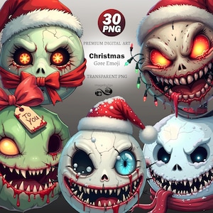 May include: A digital art image featuring five grotesque Christmas-themed emoji characters. Each emoji has a skull-like appearance, adorned with Santa hats, and various gory details. The image includes text that reads "Christmas Gore Emoji" and "30 PNG".