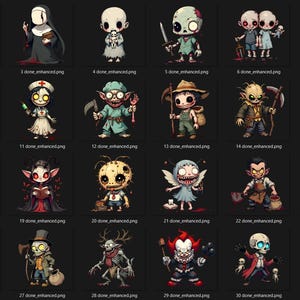 Chibi horror PNG bundle featuring 30 creepy mini-monsters, perfect for sublimation, t-shirt designs, stickers, gothic decor, and horror-themed artwork. Includes zombie dolls, pumpkin heads, demonic clowns, haunted dolls, grim reapers, and eerie plague doctors. Each high-resolution digital file is ideal for horror fans, Halloween lovers, and dark fantasy collectors.