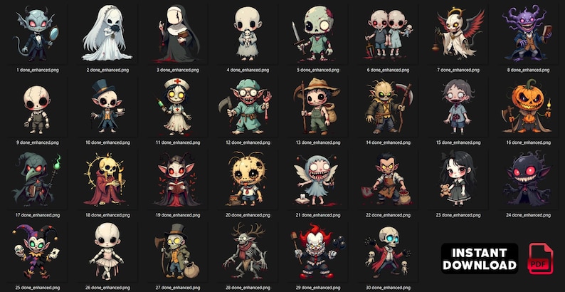 Chibi horror PNG bundle featuring 30 creepy mini-monsters, perfect for sublimation, t-shirt designs, stickers, gothic decor, and horror-themed artwork. Includes zombie dolls, pumpkin heads, demonic clowns, haunted dolls, grim reapers, and eerie plague doctors. Each high-resolution digital file is ideal for horror fans, Halloween lovers, and dark fantasy collectors.