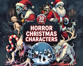 Paquete de imágenes PNG de terror navideño / Conjunto de imágenes prediseñadas de Papá Noel y Krampus (Descarga digital)