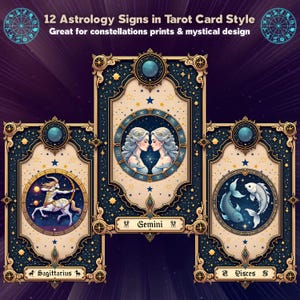 Pacchetto PNG di carte dei Tarocchi dello Zodiaco Celeste / Segni zodiacali dell'astrologia in stile Tarocchi mistici per sublimazione, magliette, tazze, adesivi e creazioni artigianali