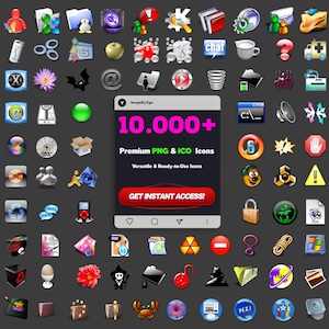 May include: A collection of colorful digital icons arranged in a grid, featuring a central dark gray panel with the text 10.000+ Premium PNG & ICO Icons and a red button labeled GET INSTANT ACCESS! The icons include various symbols, objects, and shapes.