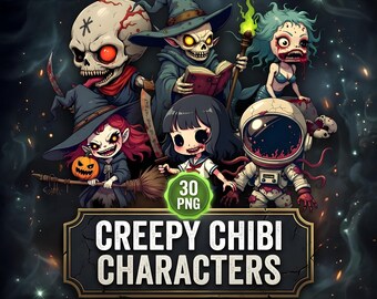 Creepy Chibi Characters Clipart Set | 30 Kawaii Haunted Souls (PNG, Digital Download)