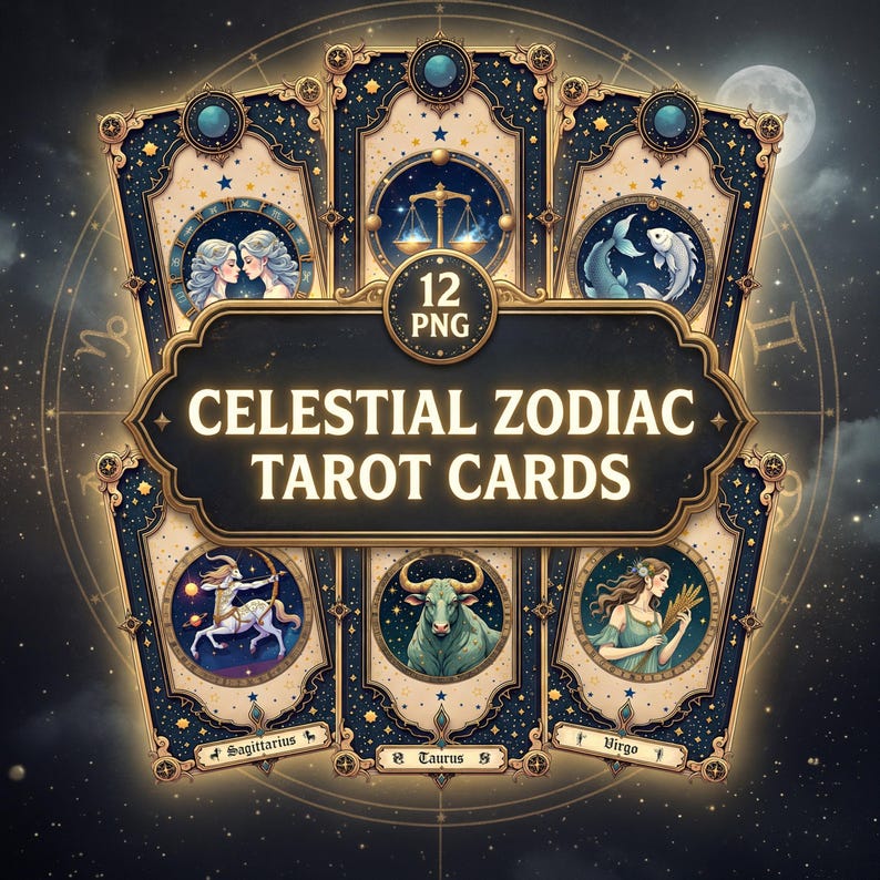 Printable Celestial Zodiac Tarot Deck | 12 Astrology Cards (PNG ...